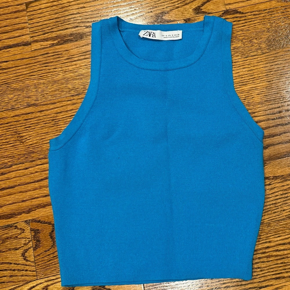 Zara Cropped Blue Knit Sleeveless Top